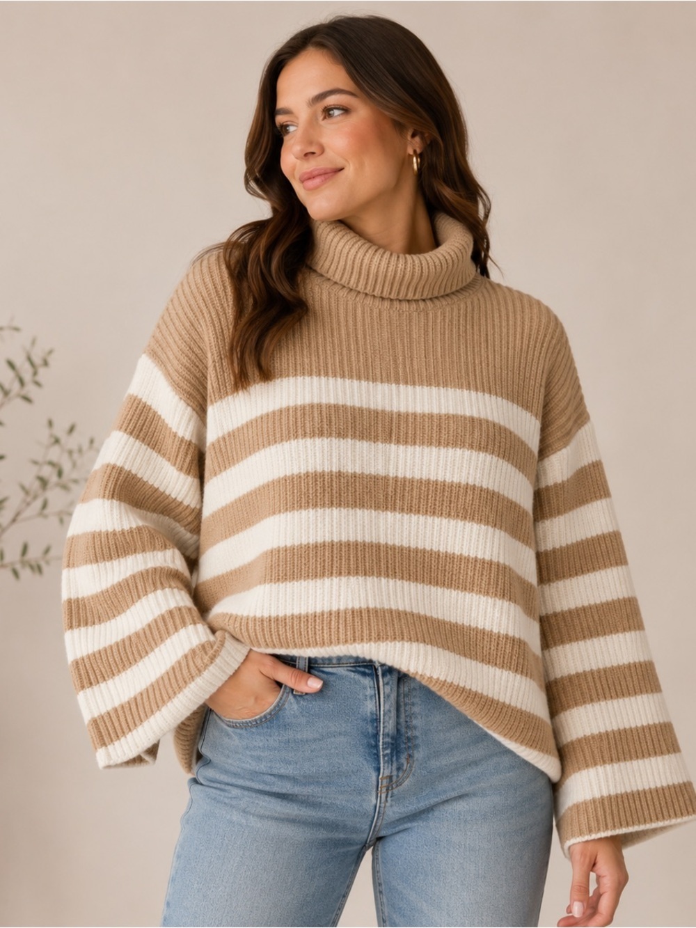 J.Crew Wool Cashmere Striped Turtleneck Sweater Size S Oversized Flared Cuffs